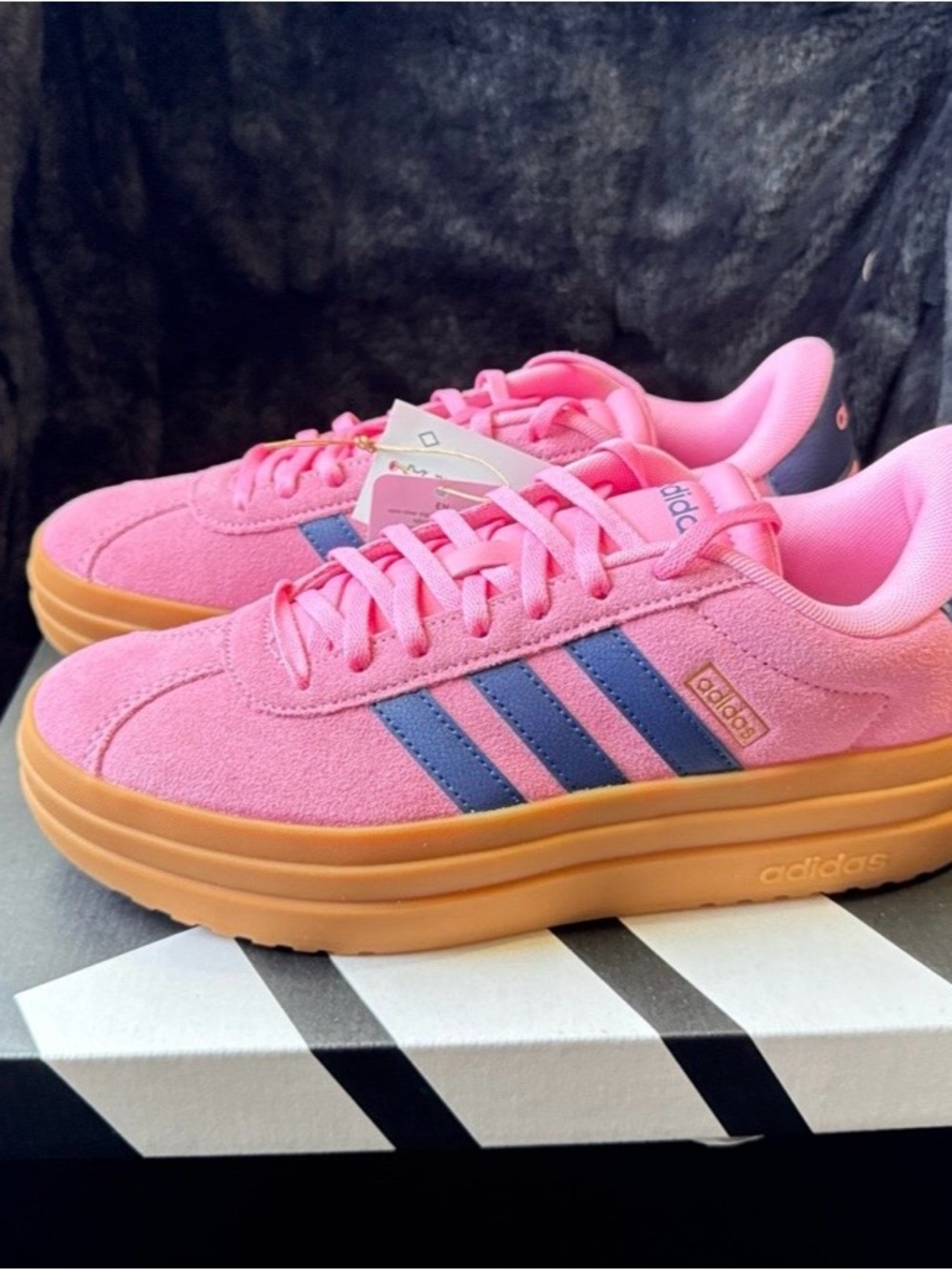 adidas Pink Suede Platform Sneakers with Navy Stripes and Gum Sole - Picture 5 of 8